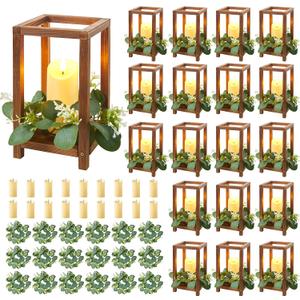 54 Pcs/18 Set Wooden Wedding Lantern Centerpiece, Wooden Centerpieces for Tables-with 18 Holders 18 Candles 18 Wreaths for Rustic Table Decoration Country Barn Wedding Party (Brown)