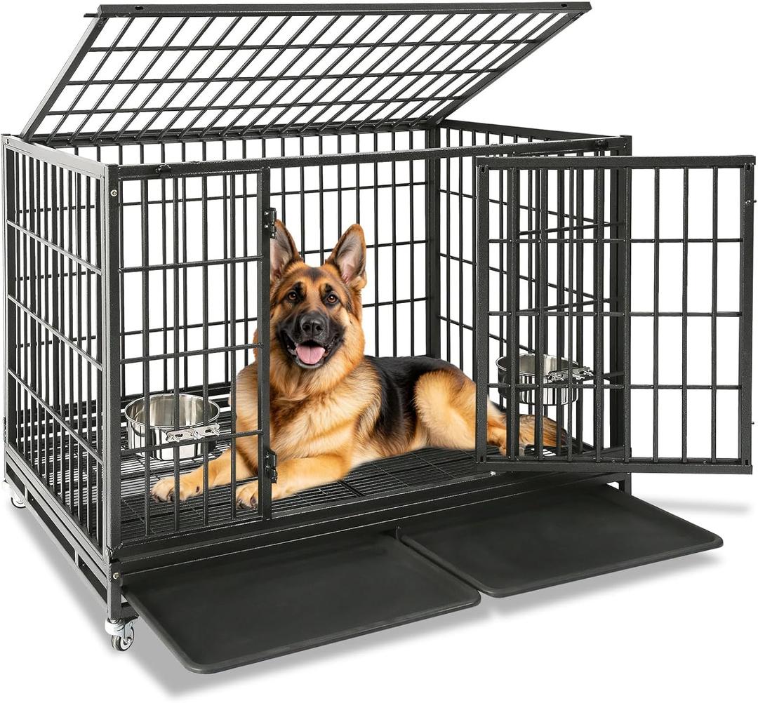 Homey Pet 48 Inch Heavy Duty Indestructible Dog Crate, Stackable Escape Proof Dog Cage Kennel Indoor with Two Trays, Metal Grids, Wheels, Bowls, Double Doors for High Anxiety Large Dogs (47.5"L x 30.0"W x 36.5"H), Black 