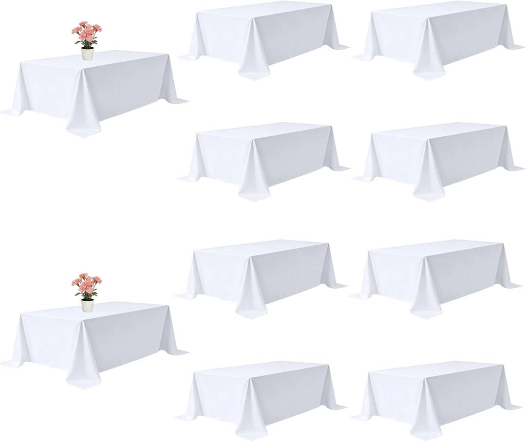 10 Pack White Rectangle Table Cloth 90 x 132 Inch for 6 Foot Tables | Wrinkle Resistant, Washable Rectangular Table Cloth, Polyester Fabric, For Party Banquet Wedding Buffet