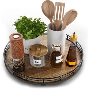 Acacia Wood 13" Lazy Susan Turntable Organizer for Table Top, Farmhouse Round Wooden Lazy Susan for Cabinet Kitchen Centerpieces Coffee Table, for Condiments Spices, Bathroom Vanity Tray Decor