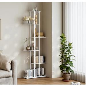 6 Tier Corner Bookshelf，Slim Open Bookshelf，Small Book Shelf for Small Spaces，Living Room, Home Office, 9.45 x 20.8 x 62.2 Inches,（1Pack+White)