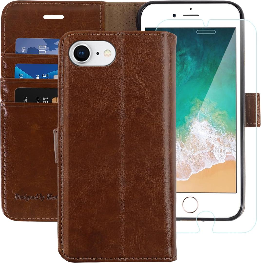 MONASAY Case Compatible for iPhone SE 2022/2020 5G,iPhone 7/8 Wallet Case,4.7-inch, [Glass Screen Protector] Flip Folio Leather Cell Phone Cover with Credit Card Holder, Brown