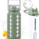 MUKOKO 64oz Glass Water Bottles with Straw and Lid,Half Gallon Water Bottle with Time Marker,Large Glass Water Jug with Silicone Sleeve and Stainless Steel Handle-Olive