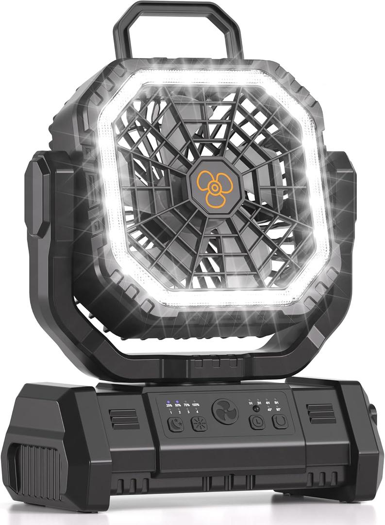 Portable Rechargeable Fan 20000mAh, Battery Powered Camping Fan with LED Light& Remote,4 Speeds Wind,USB,Cordless,Oscillating,Timer for Travel Tent,Rv Camping Essentials (Black), Medium