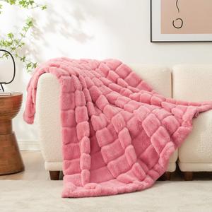 Cozy Bliss Faux Fur Throw Blanket for Couch, Cozy Warm Plush Striped Blanket for Sofa Bedroom Living Room, 50 * 60 Inches Pink