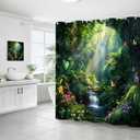 Enchanted Forest Waterfall Shower Curtain Tropical Green Nature Tree Colorful Floral Butterfly Fairytale Wonderland Jungle Rainforest Natural Scenery Bathroom Decor Curtain with Hooks,70Wx70L