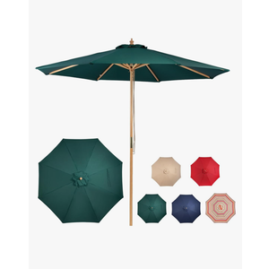 9ft Wooden Umbrella, Outdoor Patio Umbrella, Wood Market Umbrella, Patio Umbrella Wood Pole with Pulley Lift for Garden, Yard, Deck, Pool, Market
