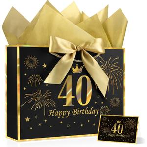 2 x YoungTree 40th Birthday Gift Bag with Tissue Papers and 1 Greeting Card Ribbon,Portable Paper Gift Bags with Handles,Black Gold Present Bags for 40th Birthday Decorations Supplies 12.6" x 9.8" x 4.3"
