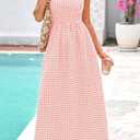 PRETTYGARDEN Women's 2026 Summer Spaghetti Strap Maxi Dresses Plaid Square Neck A Line Casual Beach Vacation Long Sundress (Pink, S)