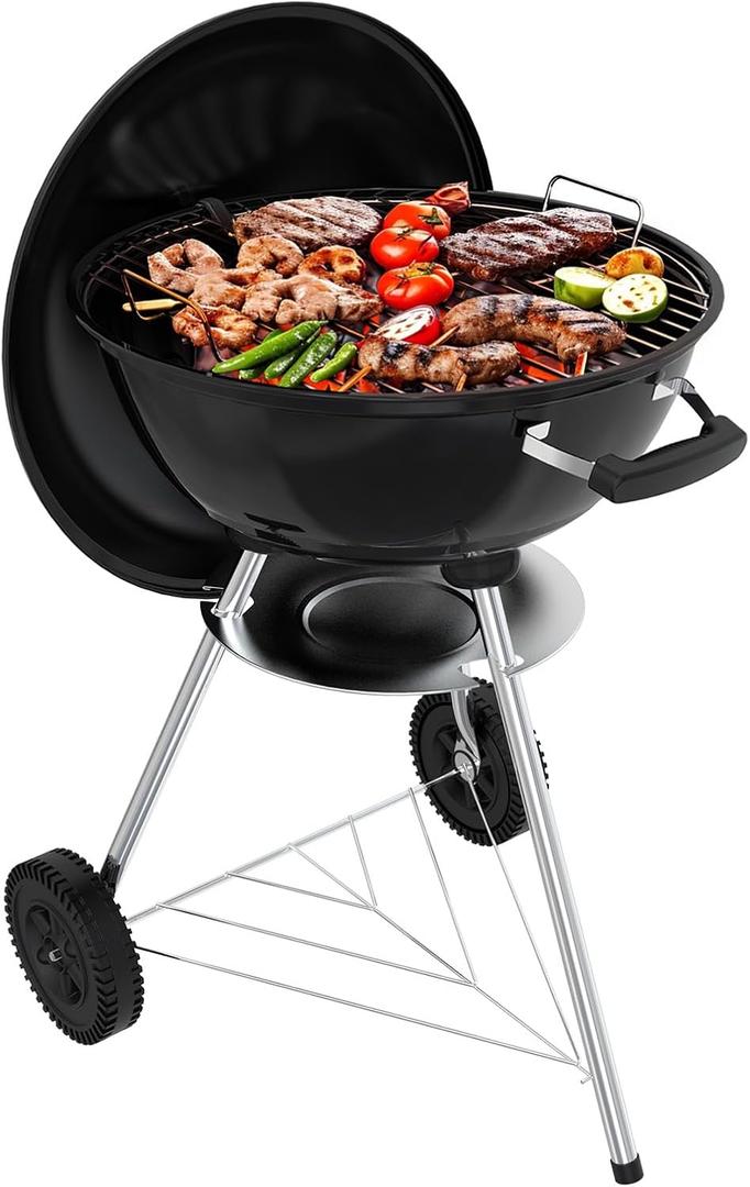 18 inch Charcoal Grill, Portable Kettle BBQ Grills, Barbecue Gift, Durable & Easy to Assemble, Round Barbecue Grill for Outdoor Cooking, Patio and Beach, Black