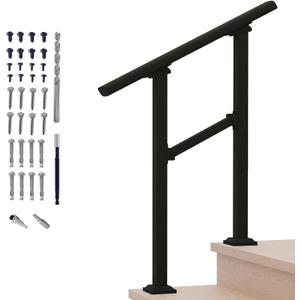 Hand Rails for Outdoor Steps,2 Step Stair Handrail & Indoor Stair Railing KitMetty Metal Railings for Outdoor Steps and Hand Rails for Seniors for Porch Railing (Black-Straight)