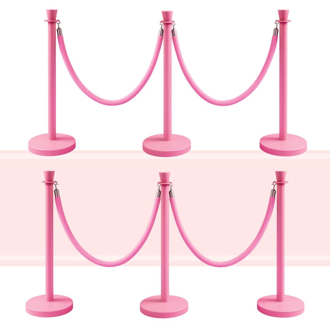 Velvet Pink Stanchion Set – 6 Stanchion Posts and 4 Pink Ropes Crowd Control Rope Safety Barriers Kit for Events Weddings Red Carpet Poles Ropes Set