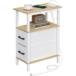 Narrow Side Table for Small Spaces, Skinny End Table with Charging Station, Sofa Beside Table with 2 Fabric Drawers and 1 Open Compartment, Slim Nightstand with USB Ports Outlet, White and Nature Wood