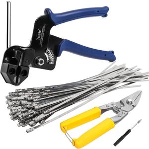 Metal Zip Ties Tool, Stainless Steel Zip Ties Gun Kit,Heavy Duty Outdoor Fastening Cable Tie Gun Tool for Chain Link Fence Exhaust Pipe Outdoor with 100pcs 11.8 Inch Metal Zip Ties (Blue, One Size)