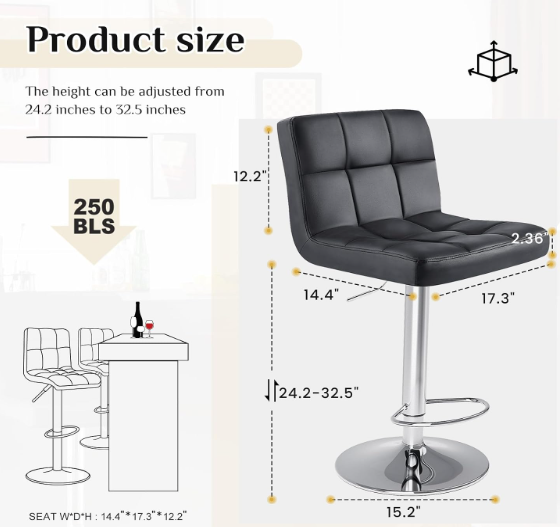 DUMOS Bar Stool, 24 inch Counter Height Bar Chair, Upholstered Modern Kitchen Barstool with Metal Base, PU Leather Saddle Stool for Kitchen Island, Inky Black