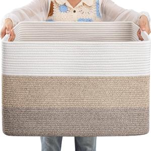 OIAHOMY 108L Large Cotton Rope Basket, Rectangle Woven Baskets for Storage, Nursery Blanket Storage Living Room, Toy Basket With Handle-25x16x16-Gradient Yellow