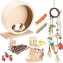 antiai 9.8 Inch Wooden Hamster Exercise Wheel Set,Silent Wheel Quiet Spinner Hamster Running Wheels,Hamster Water Feeder Accessories Chew Toys for Hamsters, Gerbils, Mice and Other Small Pets,9 pcs