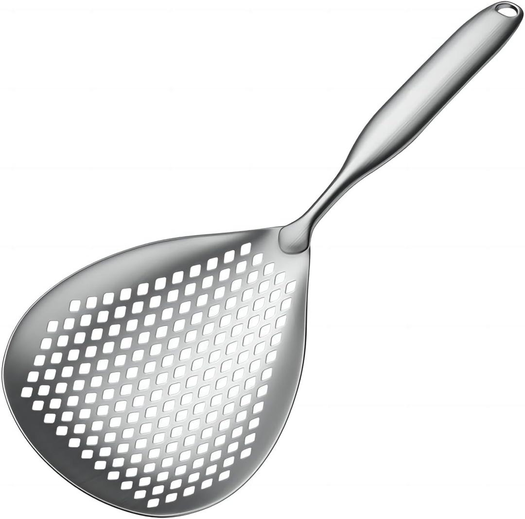GREATLINK Large Stainless Steel Strainer with Comfort Handle and Hanging Holes,Food Grade Filter Spoon Solid Stainless Steel Strainer Skimmer Ladle for Kitchen Cooking Frying Pasta Strainer Spoon