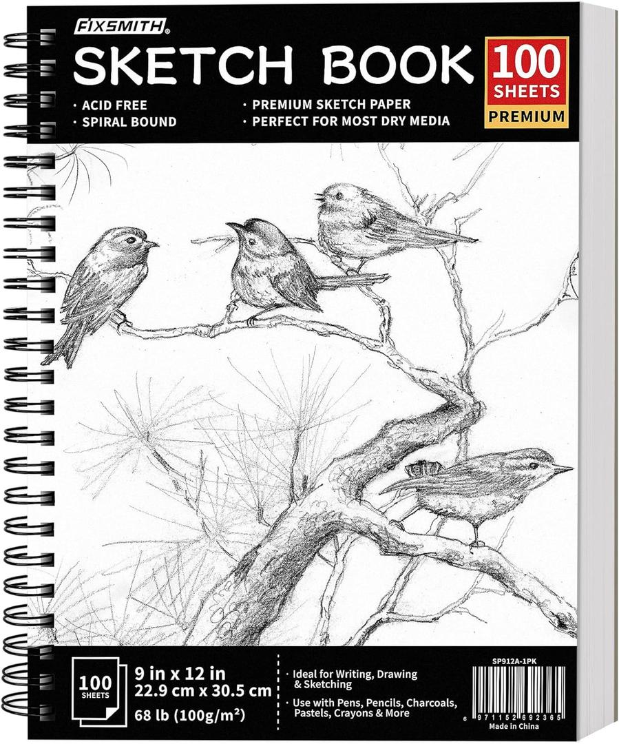 FIXSMITH 9"X12" Sketch Book | 100 Sheets (68 lb/100gsm) Spiral Sketchbook | Acid Free Drawing Paper | Sketch Pad for Kids,Beginners,Artists & Professionals| Bright White (Black)