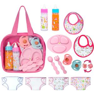 My Sweet Baby 13-Piece Doll Feeding & Diaper Bag Set  Disappearing Milk Bottles, Bibs, Pacifiers, Diapers & Accessories Set  Pretend Play Baby Doll Care Kit for Girls  Fits 1218 Dolls