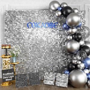 COKAOBE ProBlack Series Shimmer Wall Backdrop 36 Pcs, Silver Square Sequin Glitter Backdrop Panel, Black Back Not See-Through Design, Perfect for Birthday Graduation Wedding and Party Decoration