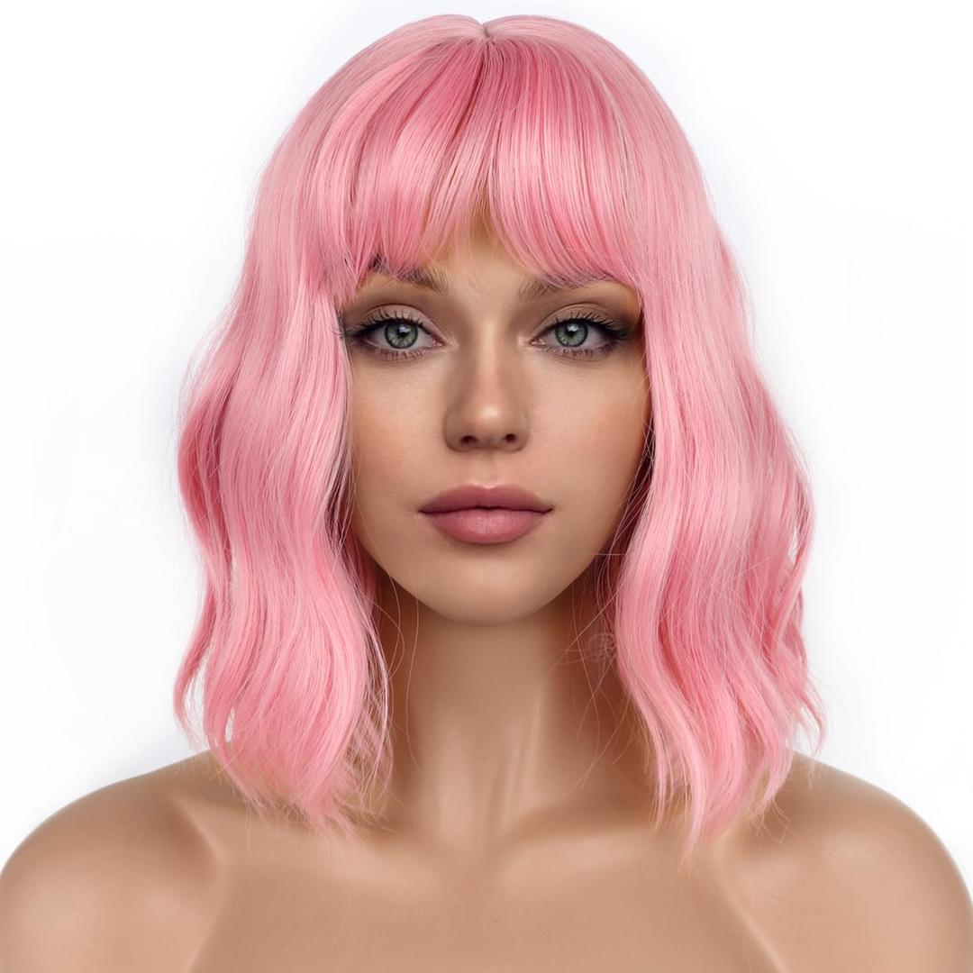 Pastel Bob Wigs with Bangs for Women Loose Wavy Wig Pastel Wavy Shoulder Length Bob Synthetic Cosplay Wig for Girl Colorful Costume Wigs (Pink)