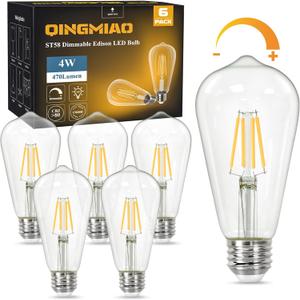 Vintage LED Edison Bulbs, ST58 Dimmable 4W E26 LED Bulb 40W Equivalent, 3000K Soft White Led Light Bulbs, Antique LED Filament Bulbs, CRI 80+, Flicker Free, No Glare, Clear Glass, Pack of 6