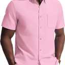 PJ PAUL JONES Mens Dress Shirts Oxford Button Down Shirt Short Sleeve Business Casual Untucked Shirts with Pocket (Pink, L)