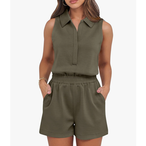 ANRABESS Romper for Womens 2025 Summer Dressy Casual Sleeveless V Neck One Piece Short Jumpsuit Lounge Travel Outfits Clothes, Army Green,M