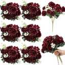Wavwavw 6 Pcs Artificial Peony Silk Florals Fake Mix Silk Peony Rose Faux Flower Hydrangea Bouquet Elegant Realistic Wedding Floral Centerpiece for Home Party Table Arrangement (Red)