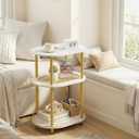 Small Rattan Side/Accent Table with Storage, 3 Tier Round/Oval End Table with Rattan Shelf & Metal Basket, Boho Nightstand, Tool Free Assembly/Screw-Hole Free Tabletop-Living Room Bedroom-Black (1PC)