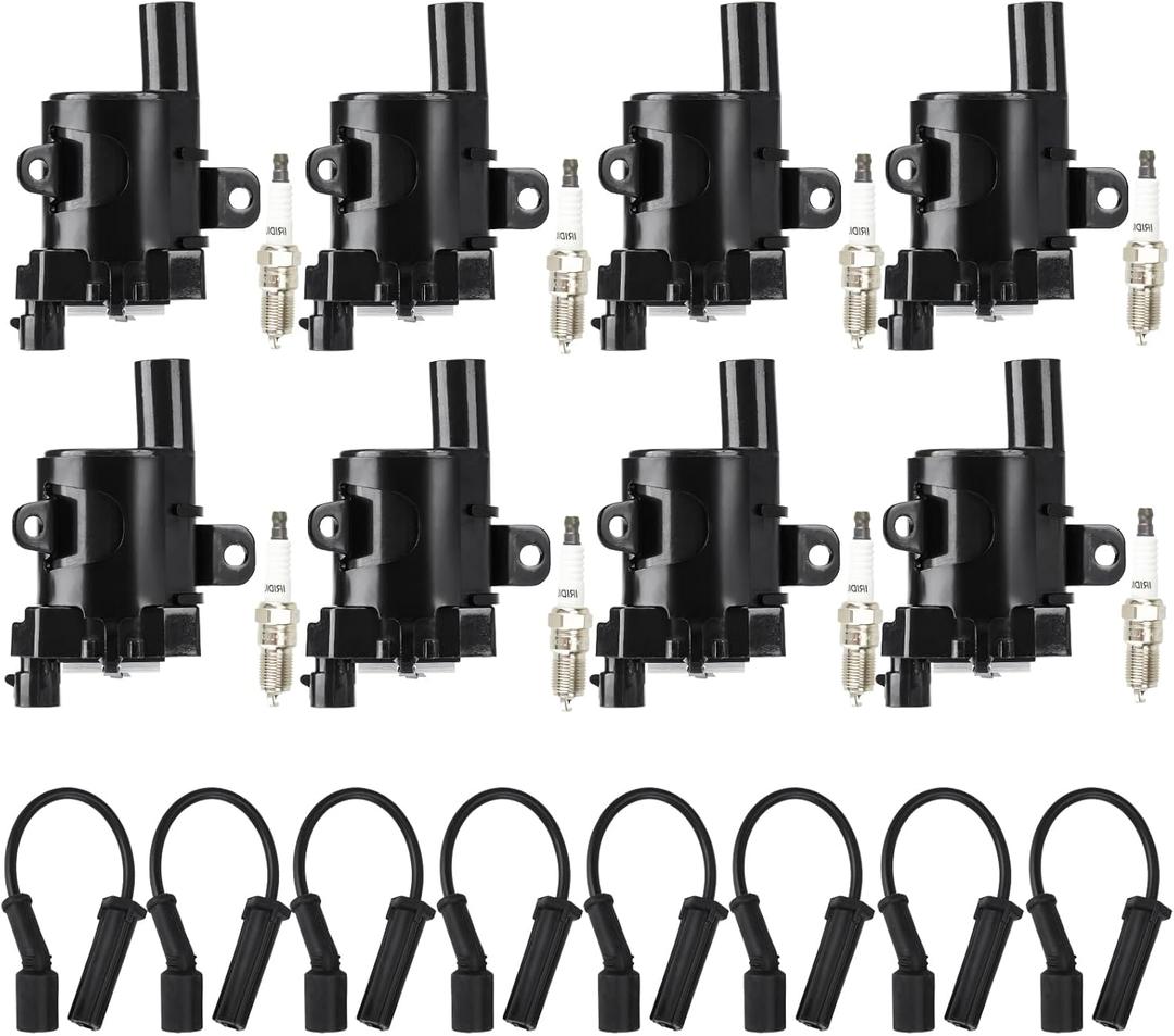 Round Ignition Coil Pack + Iridium Spark Plugs + Wire for Buick Rainier Cadillac Escalade Chevy Avalanche 1500 Express & Silverado 1500 2500 3500 SSR Suburban Tahoe GMC Savana 2500 3500 Hummer H2