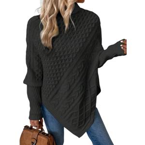 ZAFUL Women's Asymmetrical Turtleneck Poncho Sweaters Drop Shoulder Cable Knit Casual Pullover Sweater (Large, 1-black)