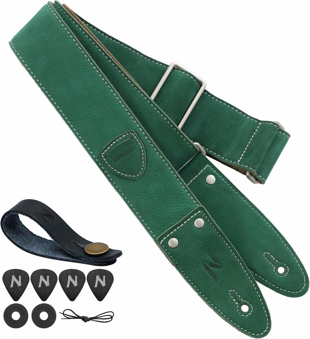 Nefelibata Guitar Strap, 2"Full Grain Leather Guitar Straps with Pick Pocket for Bass, Electric & Acoustic Guitar, Come with Guitar Picks,Strap Button and Strap Locks(Christmas Green) (B#-christmas Green)