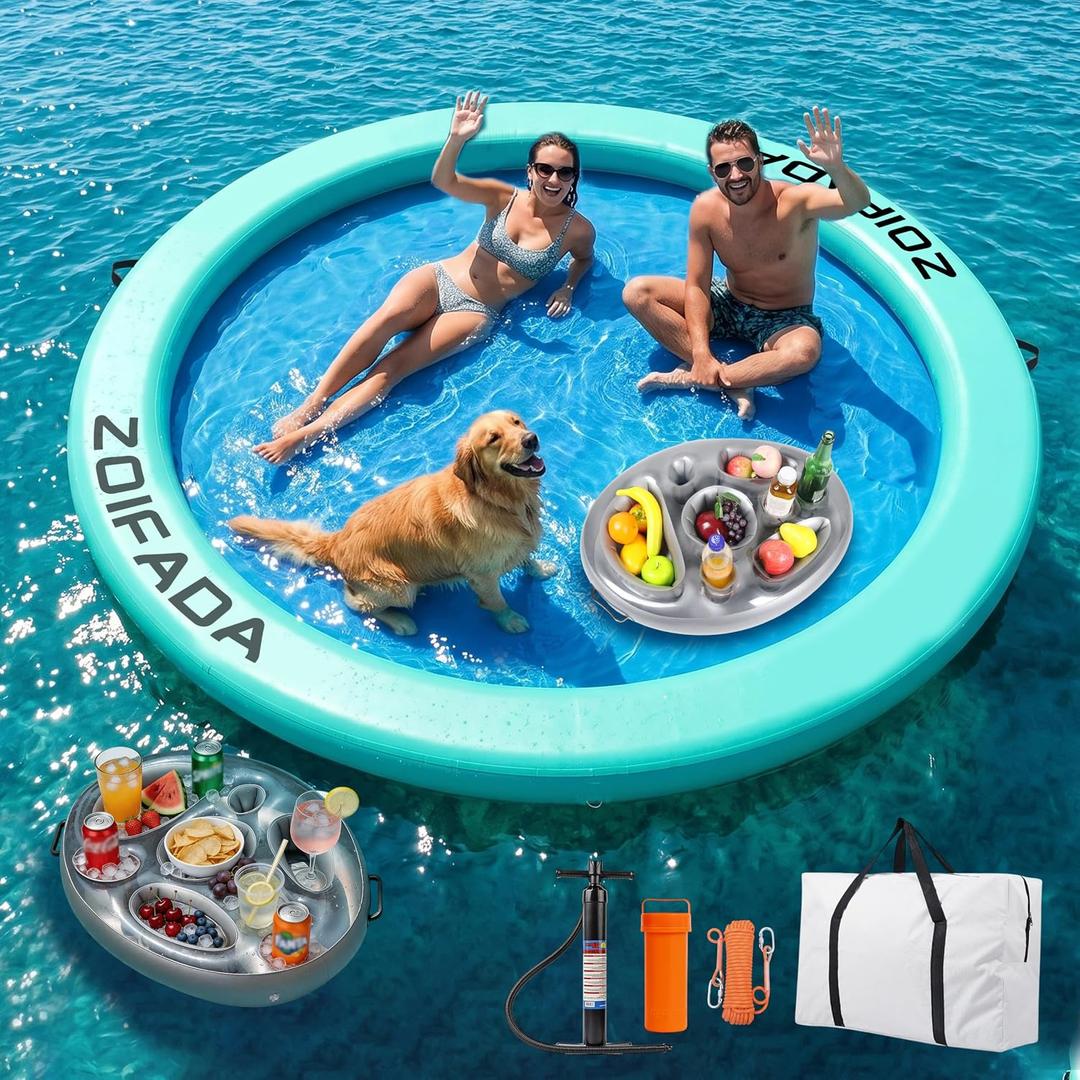 Inflatable Water Hammock Round Floating Ring,8FT Heavy Duty Pool Float for Adults,Inflatable Tanning Pool Float Island Dock for Lake/River/Ocean,w/Cup Holder