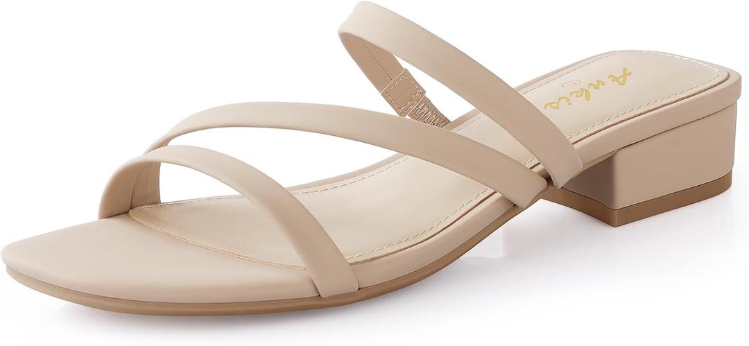 Ankis Black Nude White Strappy Heels Women 1 Inch Low Chunky Block Heel Heeled Sandals Square Open Toe Slip On Slides Mules, Size 11