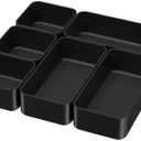 6 Pcs Stackable Drawer Organizer Set Desk Drawer Dividers, Bathroom Vanity Cosmetic Makeup Trays , Multipurpose Plastic Storage Bins for Jewelries, Kitchen Gadgets and Office Accessories, Black