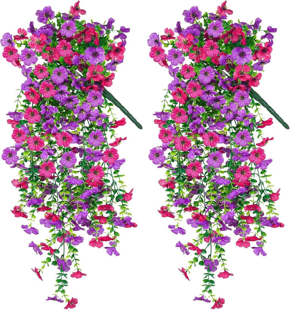 Artificial Hanging Flowers for Outdoors Decorations 2 Pack, Fake Hanging Flowers, UV Resistant Artificial Hanging Plants outdoors for Home Porch Patio Balcony Baskets Yard(Purple & Rose Red)