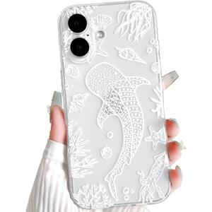 NITITOP Compatible with iPhone 17 Case Clear Cute Shell Whale Sea Ocean Animal Pattern for Women Girls Full Camera Lens Slim Shockproof Protective Phone Cover - White Fish