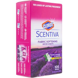 Clorox Scentiva Fabric Softening Dryer Sheets | Fabric Sheets in Tuscan Lavender & Jasmine Scent | Laundry Dryer Sheets for Fresh & Clean Clothes| 105 Count