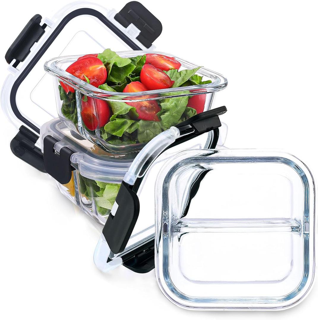 Bariatric Meal Prep Containers, 8 oz Bariatric Portion Control Food Storage Containers with Two 4 oz Compartments (3 Pack), Reusable Glass Snack Containers with BPA Free Airtight Lids (Clear)