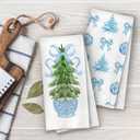 Chinoiserie Christmas Kitchen Towels Set - Blue Bow Coquette Christmas Tree Dish Towels, Blue Christmas Hand Towel for Bathroom Kitchen, Grandmillennial Decor, 16x24 Inches Set of 2