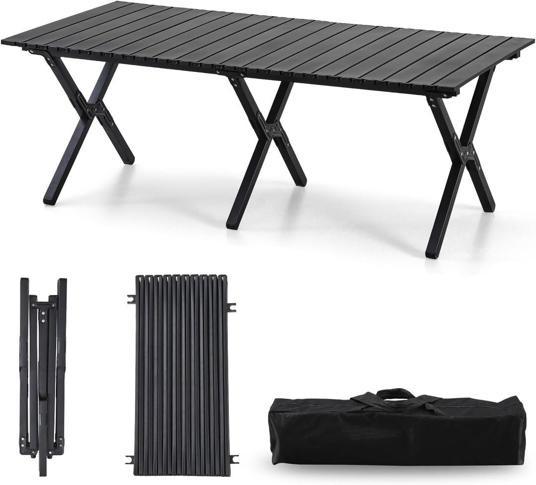 Roll-Up Camping Table Black Aluminum Low Folding Table for Outdoor Picnic BBQ Backyard Beach Easy Carrying in Bag-4FT