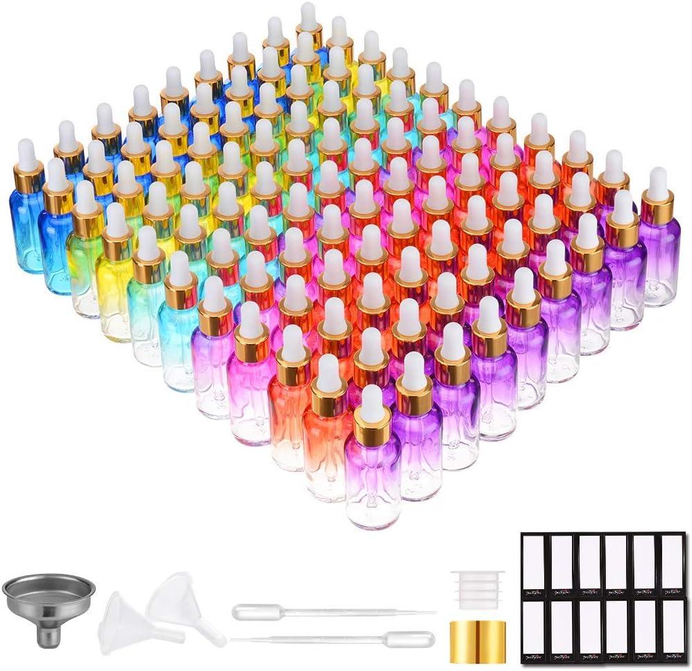 PrettyCare Glass Eye Dropper Bottles 99 Pack, 1oz (30ml) Rainbow Empty Thick Bottles Bulk with Leakproof Golden Caps - With Labels & Funnels for Storage, Travel, Essential Oils, Cuticle, Tinctures