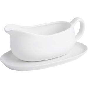Ceramic Gravy Boat with Saucer Tray - 17 oz Sauce Boat Server for Gravy,Broth,Black Pepper,Salad Dressing,Creamer - Spill-Resistant Design, Lead-Free &Oven/Microwave/Dishwasher Safe (White-1pc)