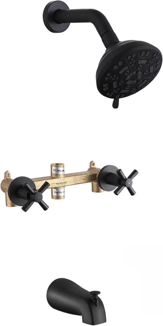 2 Handles Shower Faucet Set with Tub Spout Bathtub Shower Faucet Combo Set Shower System Complete Tub and Shower Trim Kit Wall Mounted Shower Fixtures Matte Black