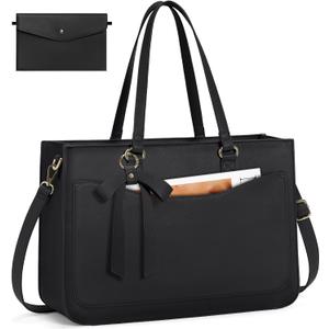RAINSMORE Laptop Bag for Women 15.6 Inch Work Tote Bags Leather Laptop Tote Waterproof Computer Bag Professional Office Business Briefcase Large Handbag for College Teacher Travel, Black