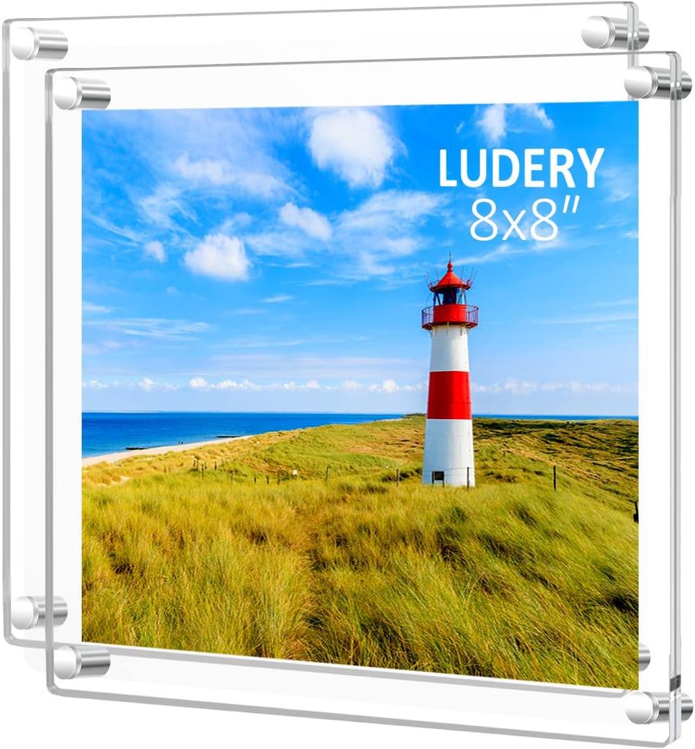 8x8 Clear Acrylic Wall Mount Floating Frameless Picture Frame,Clear Acrylic Photo Frame for Wall, Frameless Picture Frame Panel For Degree Certificat, artwork and family portraits-2pack