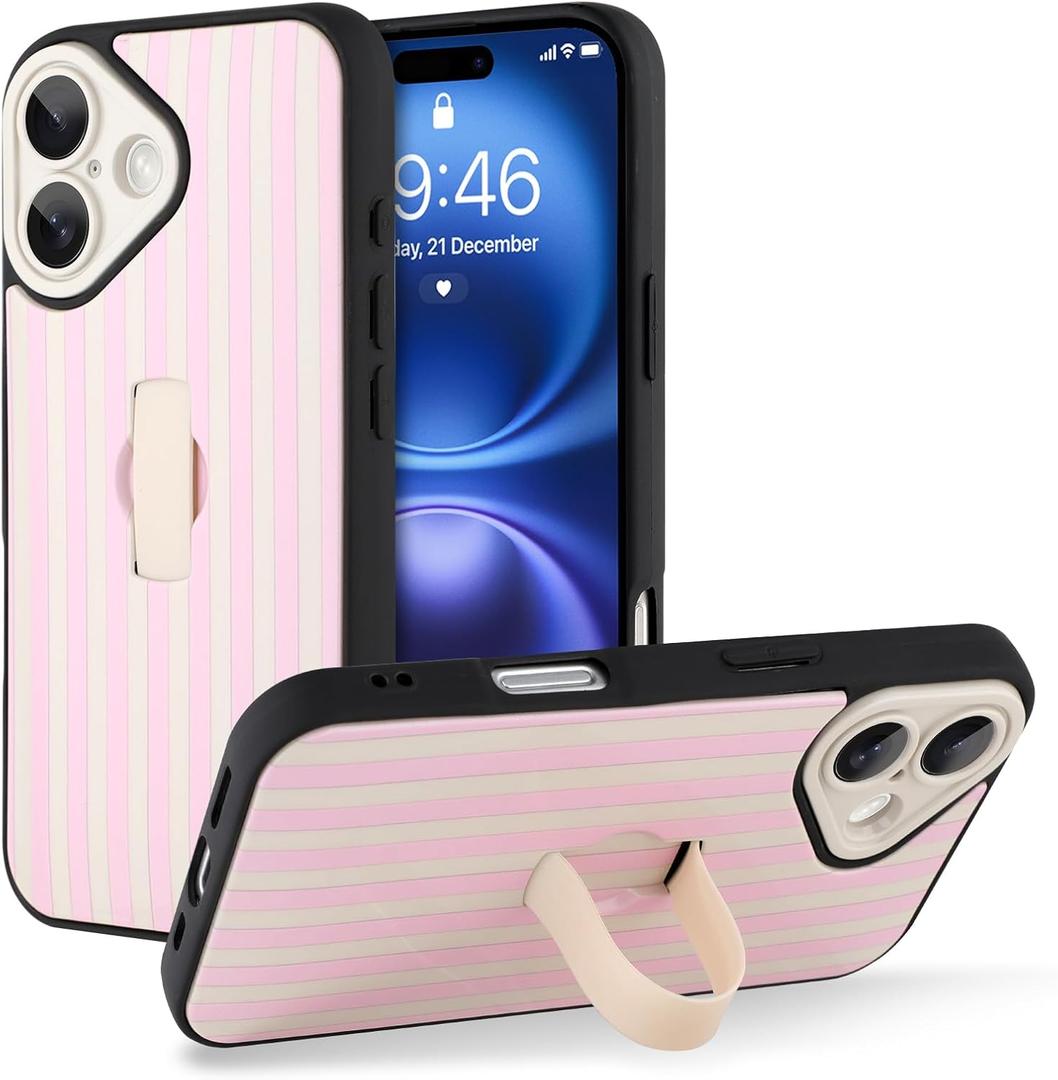 KANGHAR for iPhone 16 Case Stand White and Pink Stripes Full Body Rugged Shockproof Protection Glossy Protective Slim Case 6.1 Inch