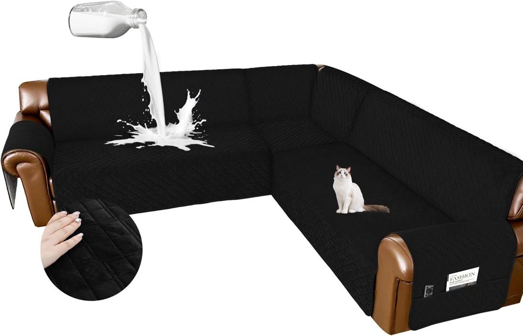 Arfntevss Waterproof Sectional Couch Covers L Shape Washable Velvet Sofa Cover for Sectional Non Slip Large Corner Slipcovers Dog 6 Pcs Universal U Shaped Furniture Protector (Black, XX-Large)